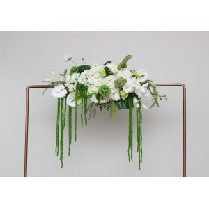 Flower arch arrangement in white green colors with hanging amaranthus. Arbor wedding flowers. Floral arch. Faux flowers for wedding decor. 5361