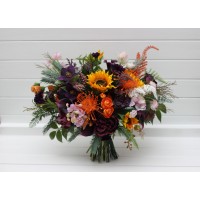 Luxory sunflower calla lily bridal bouquet in orange deep purple pink  colors. Wedding bouquet of faux flowers. 5392