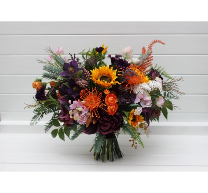 Luxury Sunflower & Calla Lily Bridal Bouquet in Orange, Deep Purple & Pink