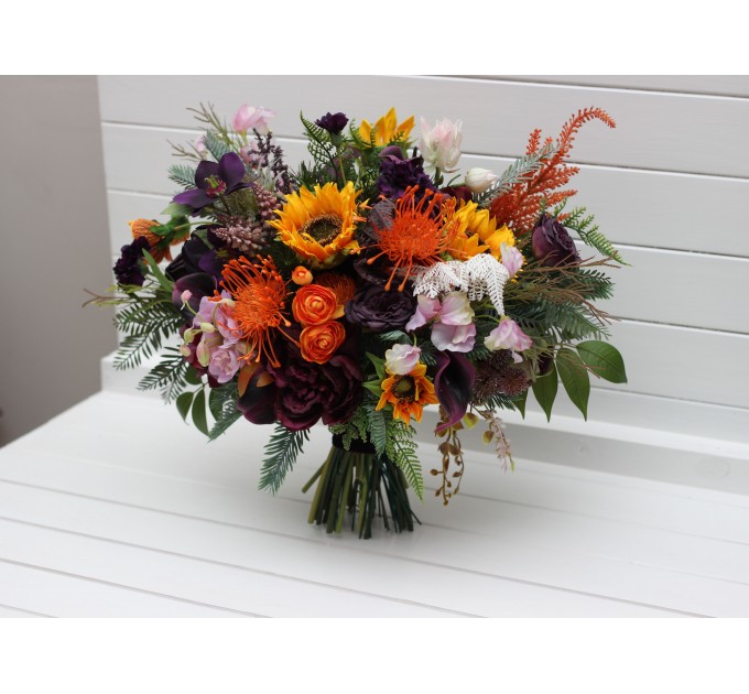 Luxury Sunflower & Calla Lily Bridal Bouquet in Orange, Deep Purple & Pink