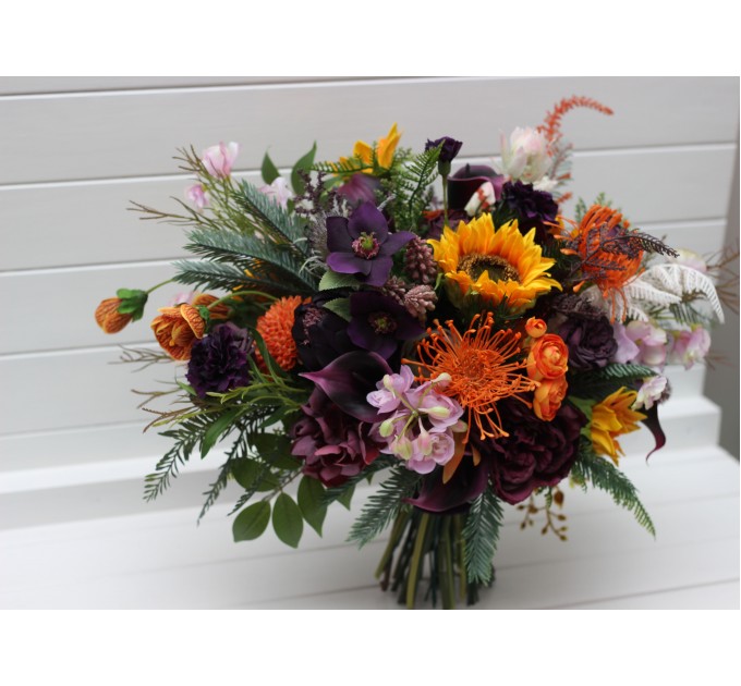 Luxury Sunflower & Calla Lily Bridal Bouquet in Orange, Deep Purple & Pink