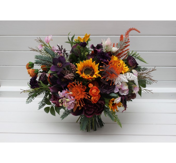 Luxury Sunflower & Calla Lily Bridal Bouquet in Orange, Deep Purple & Pink