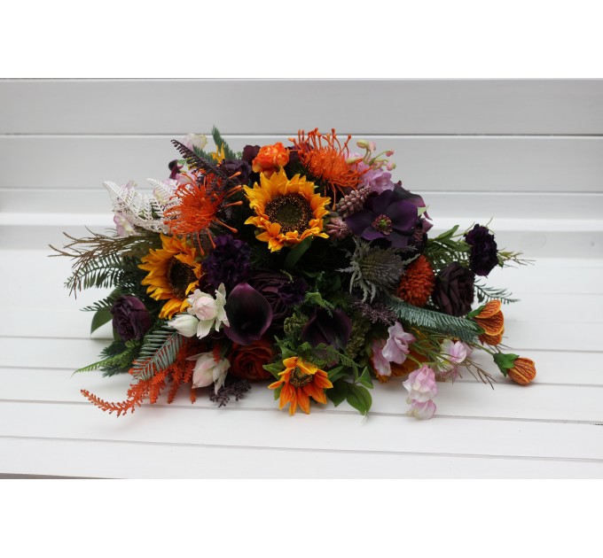 Luxury Sunflower & Calla Lily Bridal Bouquet in Orange, Deep Purple & Pink