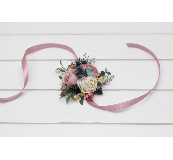 Wedding Boutonnieres & Wrist Corsages in Dusty Mauve, Dusty Blue & Ivory