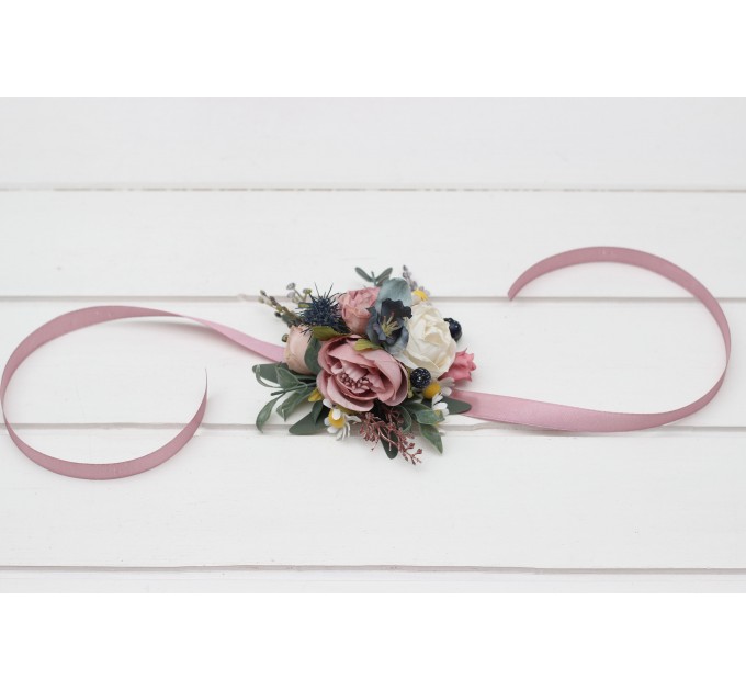 Wedding Boutonnieres & Wrist Corsages in Dusty Mauve, Dusty Blue & Ivory