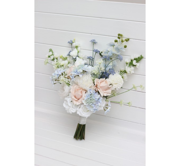 Dusty Blue, White & Blush Pink Bridal Bouquet | Faux Wedding Flowers