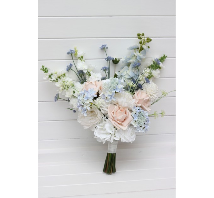 Dusty Blue, White & Blush Pink Bridal Bouquet | Faux Wedding Flowers