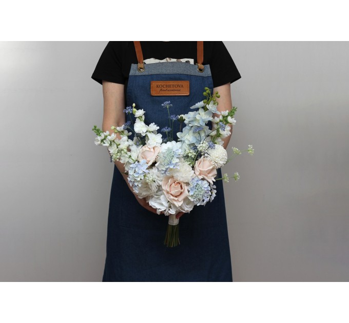 Dusty Blue, White & Blush Pink Bridal Bouquet | Faux Wedding Flowers