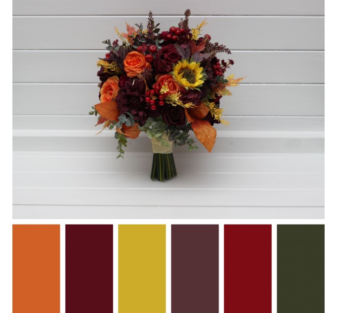 Burgundy, Orange & Purple Sunflower Bridal Bouquet | Faux Fall Wedding Flowers