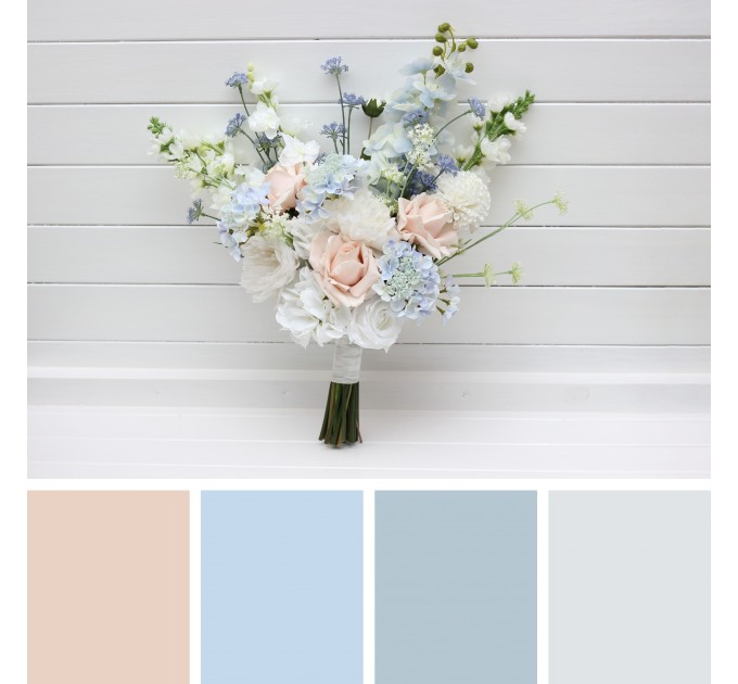 Dusty Blue, White & Blush Pink Bridal Bouquet | Faux Wedding Flowers
