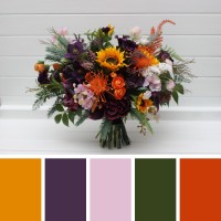 Luxory sunflower calla lily bridal bouquet in orange deep purple pink  colors. Wedding bouquet of faux flowers. 5392