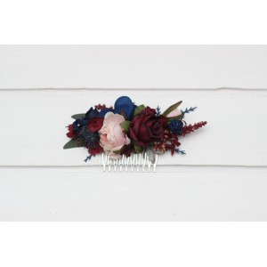 Flower comb in navy blue blush pink burgundy color scheme. Wedding accessories for hair. Bridal flower comb. Bridesmaid floral clip. 5022-1