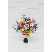 Wildflowers bouquet. Spring summer wedding  flowers. Blue white magenta yellow pink bouquet. Colorful daisy cosmos bouquet. 5396