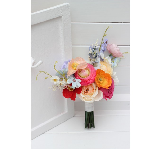 Colorful Bridal Bouquet – Orange, Peach, Dusty Blue, Ivory, and Pink Faux Flowers