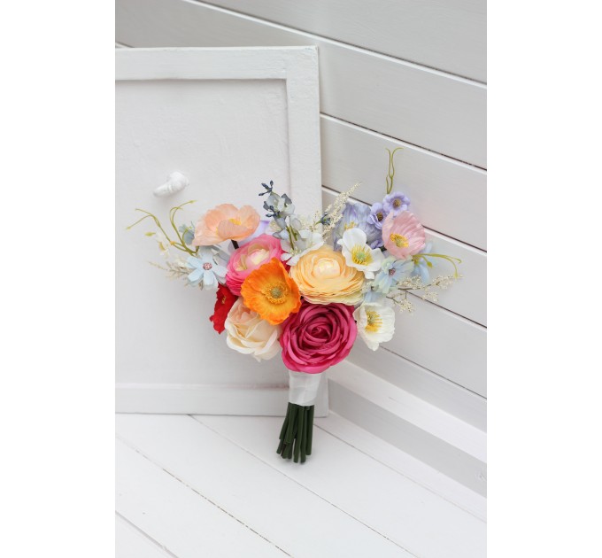 Colorful Bridal Bouquet – Orange, Peach, Dusty Blue, Ivory, and Pink Faux Flowers