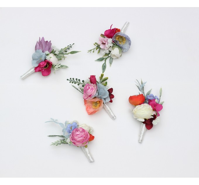 Colorful Wedding Boutonnieres in Orange, Peach, Dusty Blue, Ivory & Pink | Wildflower Buttonholes