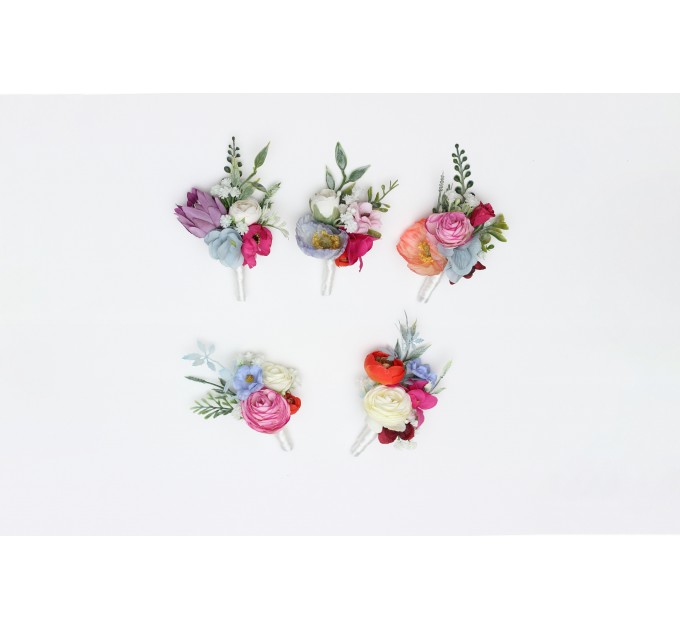 Colorful Wedding Boutonnieres in Orange, Peach, Dusty Blue, Ivory & Pink | Wildflower Buttonholes