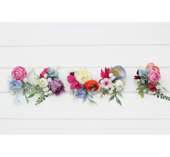 Colorful Wedding Boutonnieres in Orange, Peach, Dusty Blue, Ivory & Pink | Wildflower Buttonholes