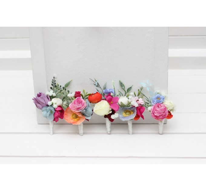 Colorful Wedding Boutonnieres in Orange, Peach, Dusty Blue, Ivory & Pink | Wildflower Buttonholes