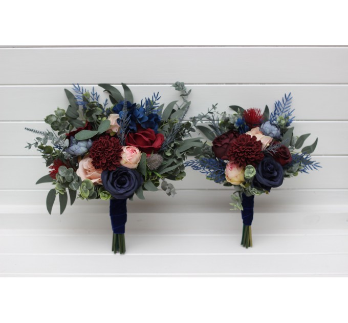 Wedding Bouquets in Burgundy, Navy Blue & Blush Pink | Large Bridal & Cascading Faux Flowers