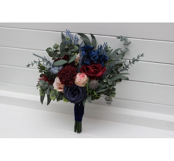 Wedding Bouquets in Burgundy, Navy Blue & Blush Pink | Large Bridal & Cascading Faux Flowers