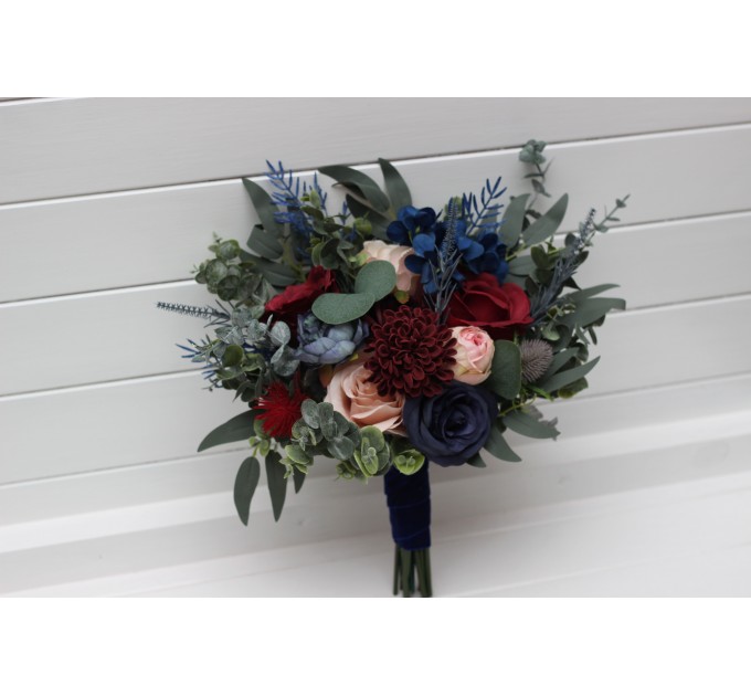 Wedding Bouquets in Burgundy, Navy Blue & Blush Pink | Large Bridal & Cascading Faux Flowers