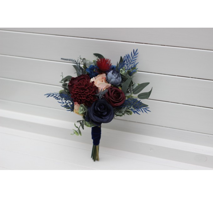 Wedding Bouquets in Burgundy, Navy Blue & Blush Pink | Large Bridal & Cascading Faux Flowers