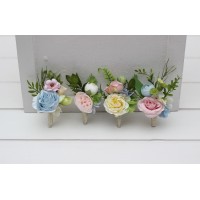  Wedding boutonnieres in green yellow pink dusty blue color scheme. Flower accessories for men. 5369