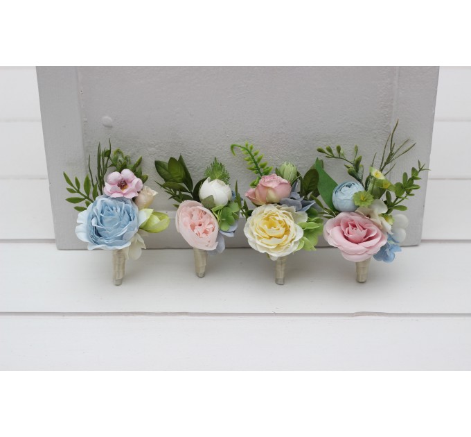 Wedding Boutonnieres in Green, Yellow, Pink & Dusty Blue | Floral Accessories