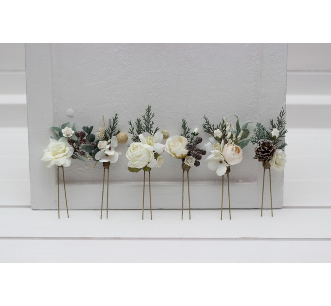 Set of 6 Hair Pins in White & Ivory | Winter Wedding Flower Hair Accessories
