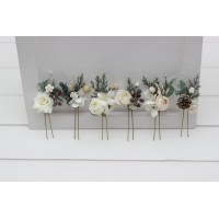  Set of 6 hair pins in white ivory color scheme. Flower hair pins for winter wedding. Hair accessories. Flower accessories with pine and cones. Bridesmaid gift.  5265