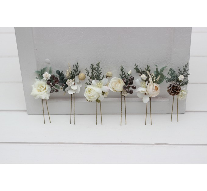 Set of 6 Hair Pins in White & Ivory | Winter Wedding Flower Hair Accessories