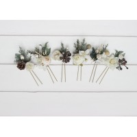  Set of 6 hair pins in white ivory color scheme. Flower hair pins for winter wedding. Hair accessories. Flower accessories with pine and cones. Bridesmaid gift.  5265
