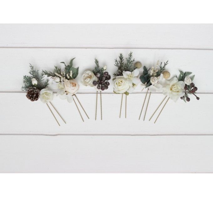 Set of 6 Hair Pins in White & Ivory | Winter Wedding Flower Hair Accessories
