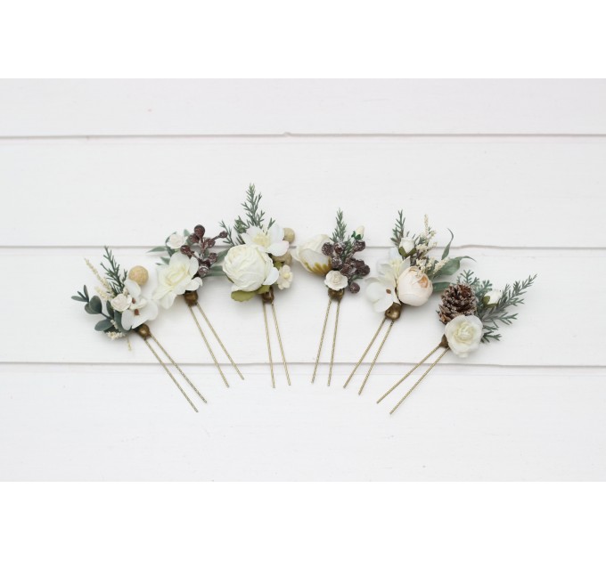 Set of 6 Hair Pins in White & Ivory | Winter Wedding Flower Hair Accessories