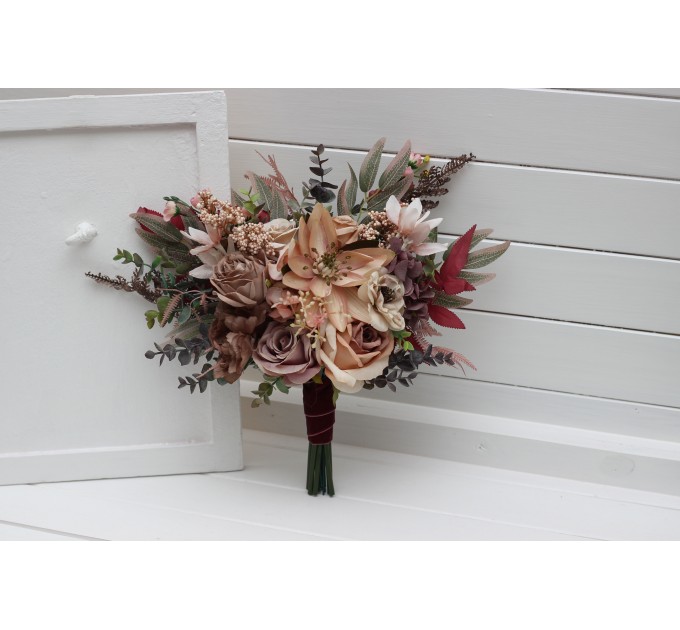 Wedding Bouquets in Beige, Brown, Mocha Mousse & Burgundy | Cascading Faux Bridal & Bridesmaid Bouquets