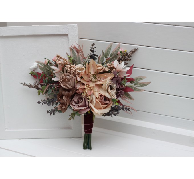 Wedding Bouquets in Beige, Brown, Mocha Mousse & Burgundy | Cascading Faux Bridal & Bridesmaid Bouquets