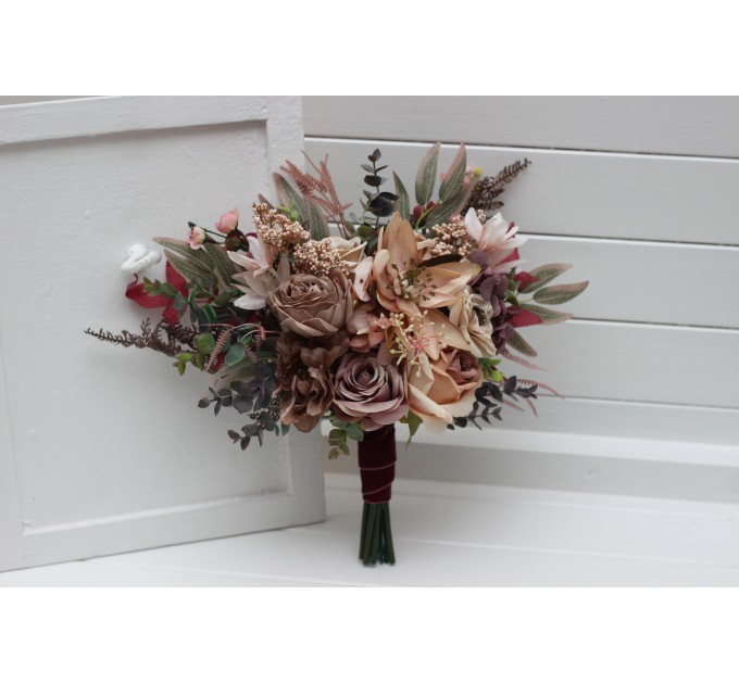 Wedding Bouquets in Beige, Brown, Mocha Mousse & Burgundy | Cascading Faux Bridal & Bridesmaid Bouquets
