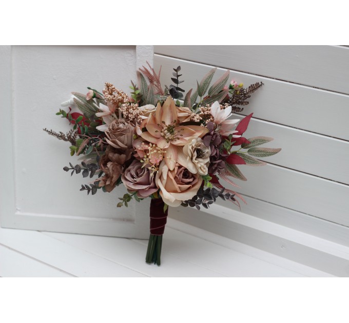 Wedding Bouquets in Beige, Brown, Mocha Mousse & Burgundy | Cascading Faux Bridal & Bridesmaid Bouquets