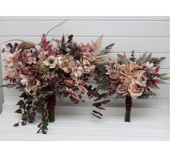 Wedding Bouquets in Beige, Brown, Mocha Mousse & Burgundy | Cascading Faux Bridal & Bridesmaid Bouquets