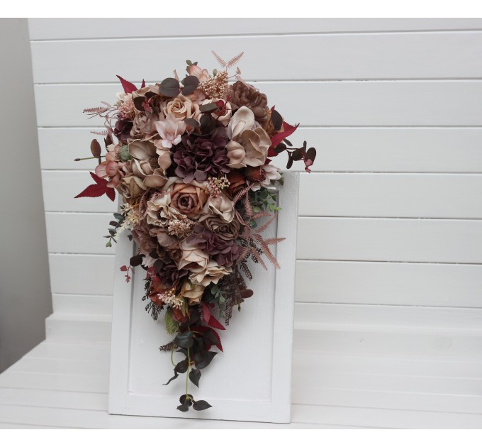 Wedding Bouquets in Beige, Brown, Mocha Mousse & Burgundy | Cascading Faux Bridal & Bridesmaid Bouquets