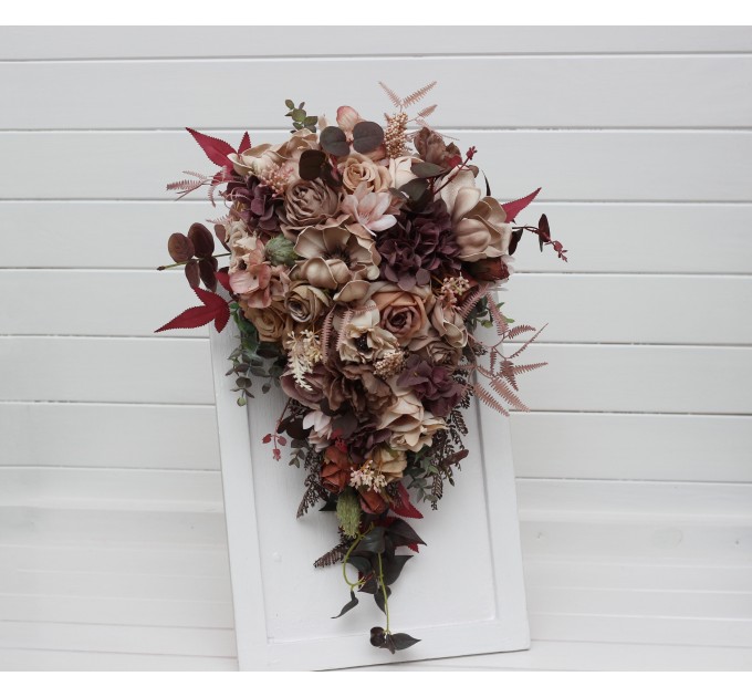 Wedding Bouquets in Beige, Brown, Mocha Mousse & Burgundy | Cascading Faux Bridal & Bridesmaid Bouquets