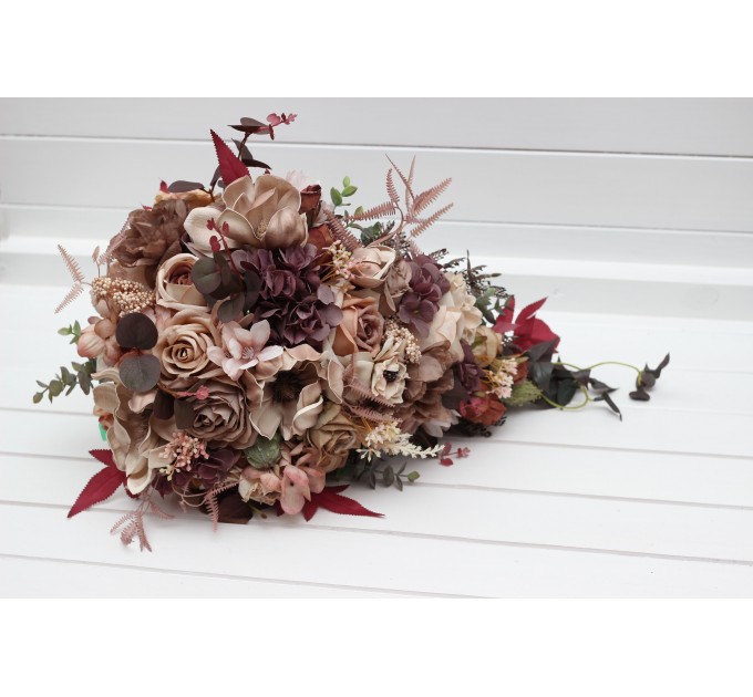 Wedding Bouquets in Beige, Brown, Mocha Mousse & Burgundy | Cascading Faux Bridal & Bridesmaid Bouquets