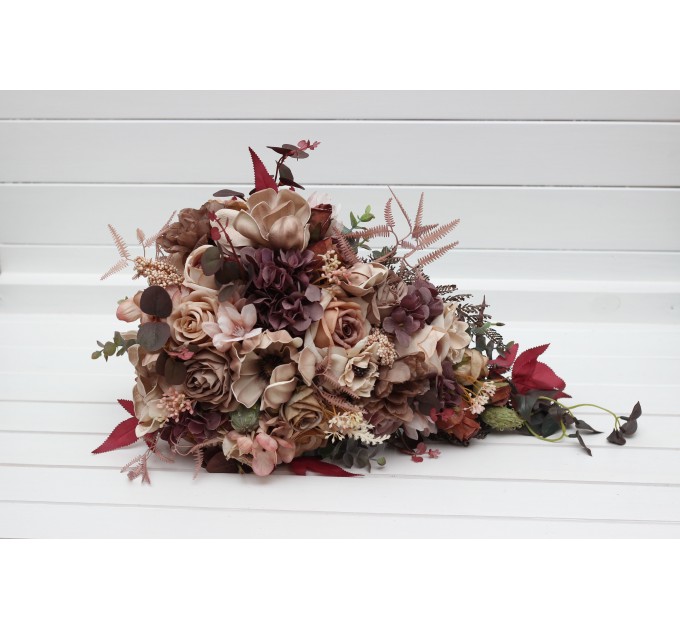 Wedding Bouquets in Beige, Brown, Mocha Mousse & Burgundy | Cascading Faux Bridal & Bridesmaid Bouquets