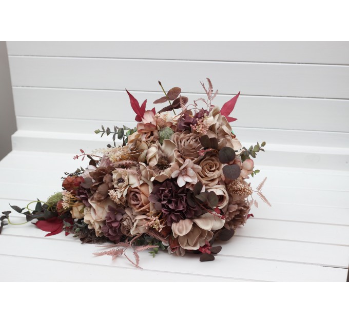 Wedding Bouquets in Beige, Brown, Mocha Mousse & Burgundy | Cascading Faux Bridal & Bridesmaid Bouquets