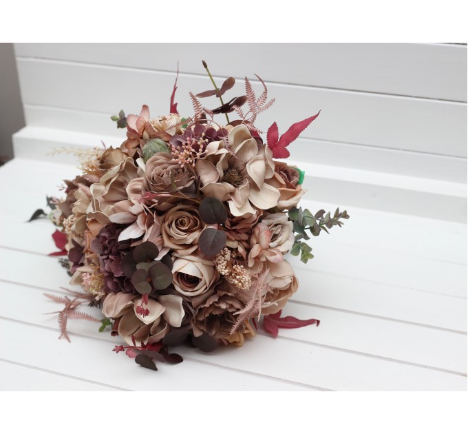 Wedding Bouquets in Beige, Brown, Mocha Mousse & Burgundy | Cascading Faux Bridal & Bridesmaid Bouquets