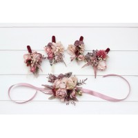  Wedding boutonnieres and wrist corsage  in beige brown mocha burgundy color scheme. Flower prom accessories. 5215