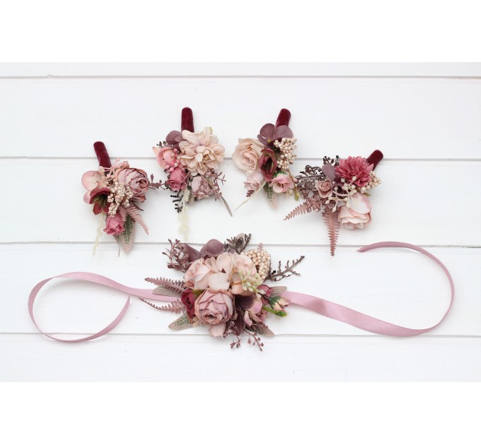 Wedding Boutonnieres & Wrist Corsages in Beige, Brown, Mocha & Burgundy | Prom Flower Accessories