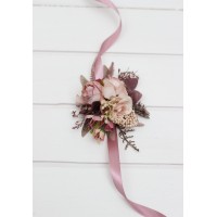 Wedding boutonnieres and wrist corsage  in beige brown mocha burgundy color scheme. Flower prom accessories. 5215