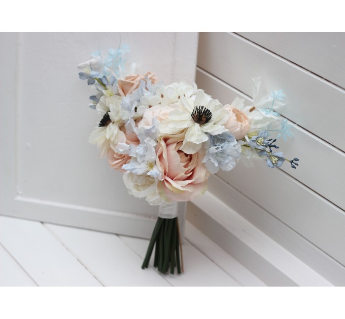 Dusty Blue, Blush Pink, White, and Beige Faux Flower Bridal Bouquet